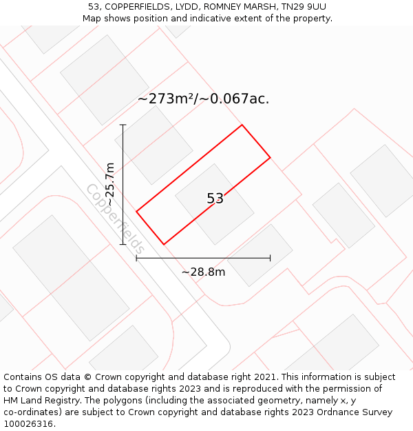 53, COPPERFIELDS, LYDD, ROMNEY MARSH, TN29 9UU: Plot and title map