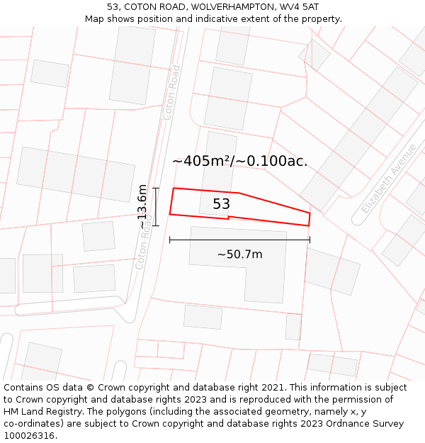 53, COTON ROAD, WOLVERHAMPTON, WV4 5AT: Plot and title map