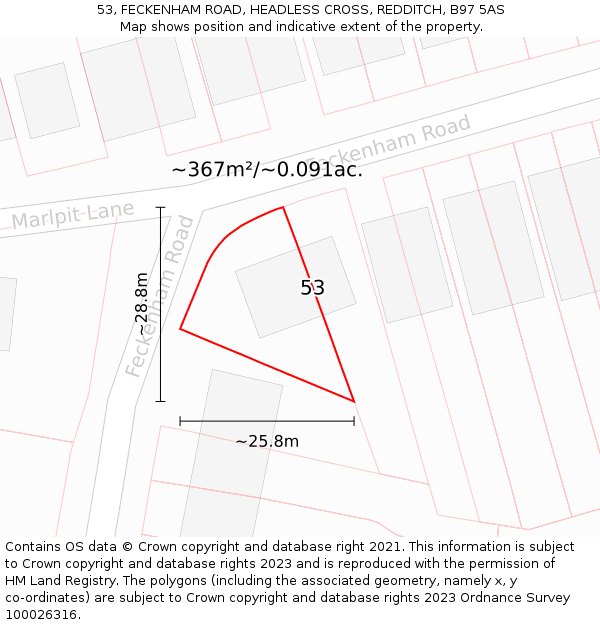 53, FECKENHAM ROAD, HEADLESS CROSS, REDDITCH, B97 5AS: Plot and title map