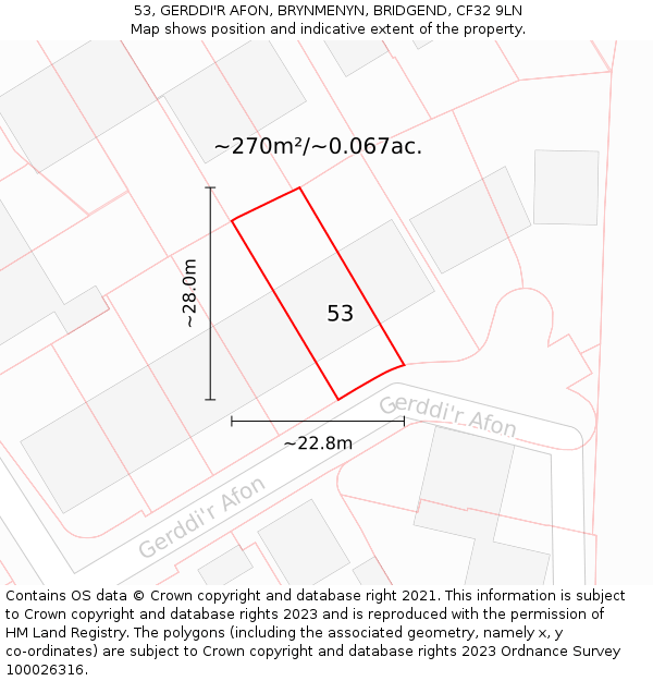 53, GERDDI'R AFON, BRYNMENYN, BRIDGEND, CF32 9LN: Plot and title map