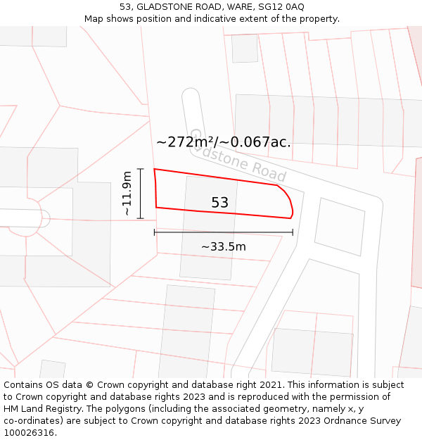 53, GLADSTONE ROAD, WARE, SG12 0AQ: Plot and title map