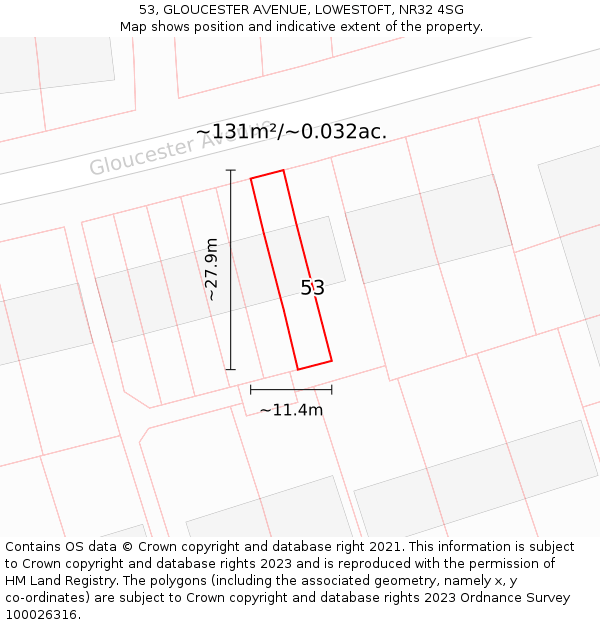 53, GLOUCESTER AVENUE, LOWESTOFT, NR32 4SG: Plot and title map