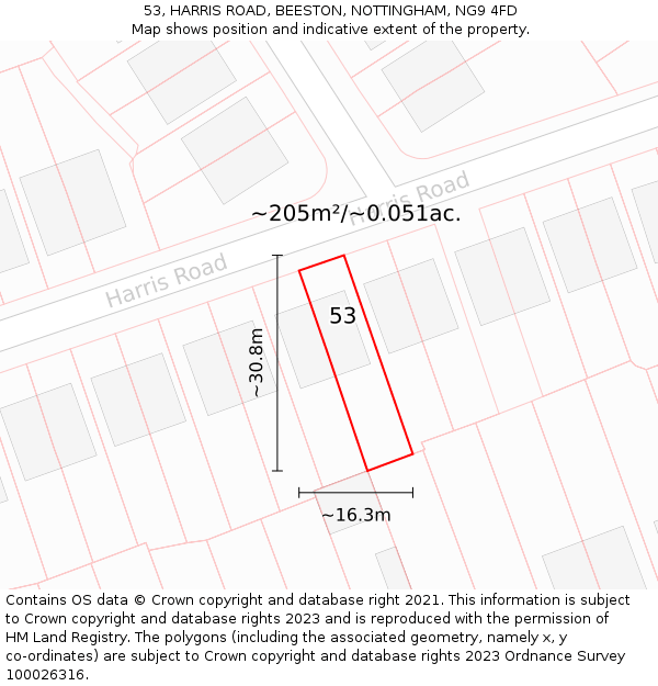 53, HARRIS ROAD, BEESTON, NOTTINGHAM, NG9 4FD: Plot and title map