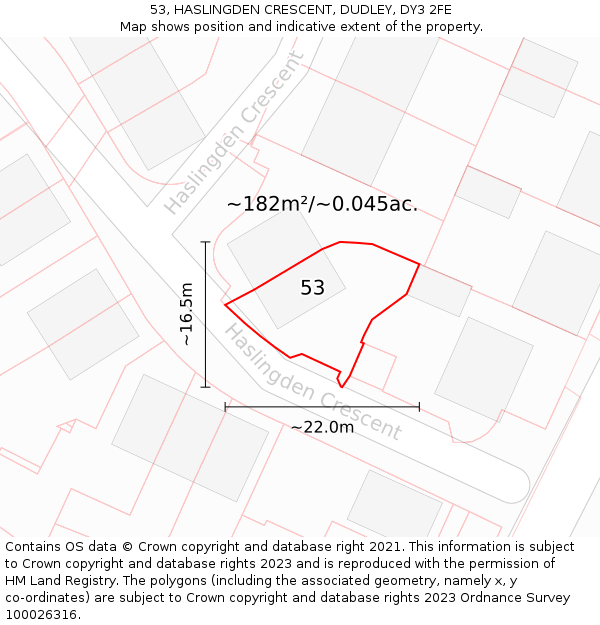 53, HASLINGDEN CRESCENT, DUDLEY, DY3 2FE: Plot and title map