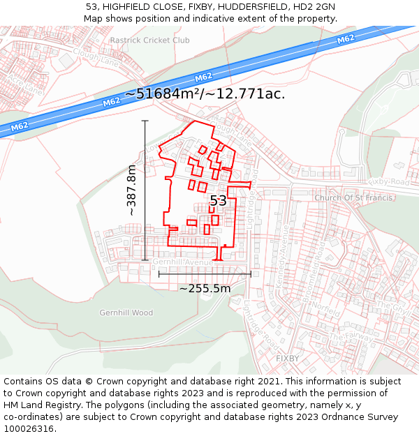53, HIGHFIELD CLOSE, FIXBY, HUDDERSFIELD, HD2 2GN: Plot and title map