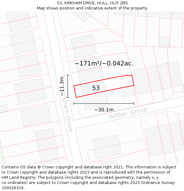 53, KIRKHAM DRIVE, HULL, HU5 2BS: Plot and title map