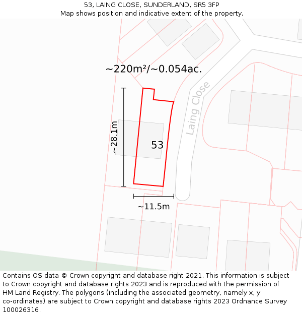 53, LAING CLOSE, SUNDERLAND, SR5 3FP: Plot and title map