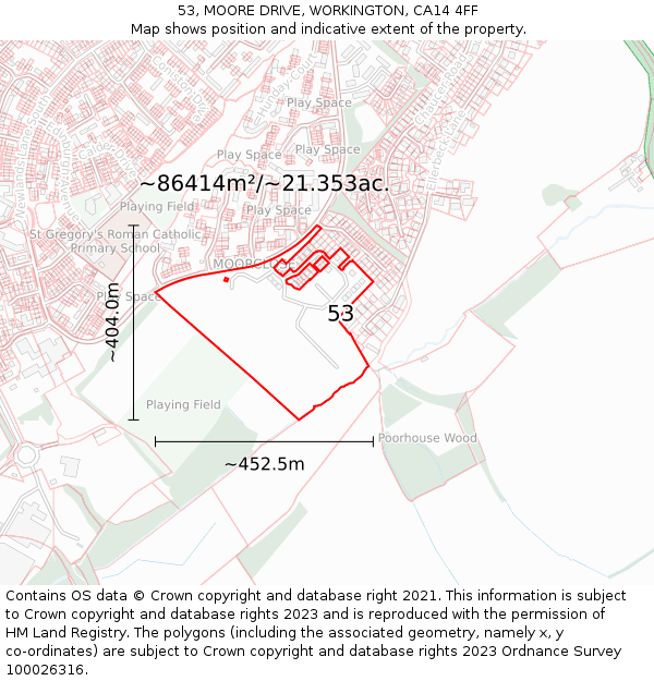 53, MOORE DRIVE, WORKINGTON, CA14 4FF: Plot and title map