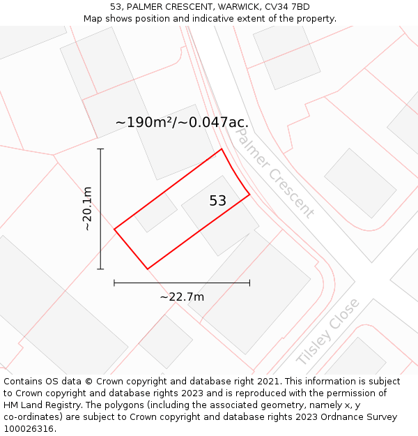 53, PALMER CRESCENT, WARWICK, CV34 7BD: Plot and title map