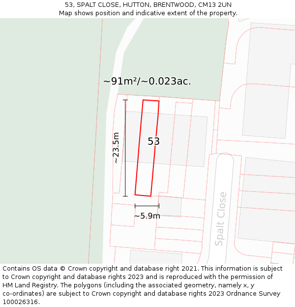 53, SPALT CLOSE, HUTTON, BRENTWOOD, CM13 2UN: Plot and title map