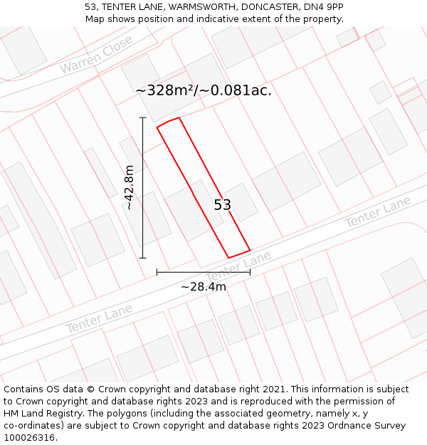 53, TENTER LANE, WARMSWORTH, DONCASTER, DN4 9PP: Plot and title map