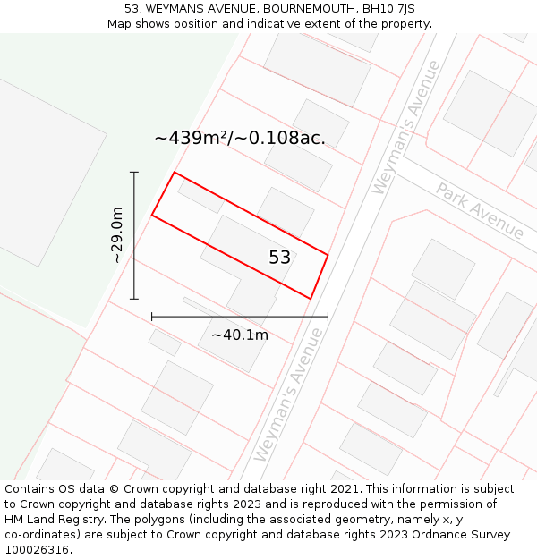 53, WEYMANS AVENUE, BOURNEMOUTH, BH10 7JS: Plot and title map