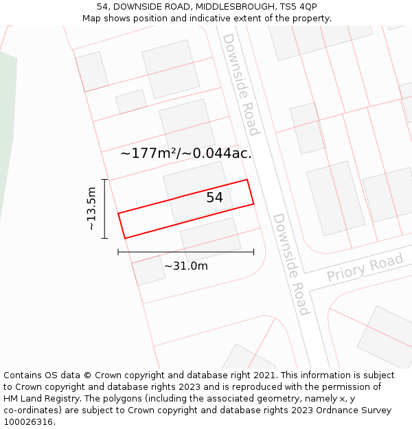 54, DOWNSIDE ROAD, MIDDLESBROUGH, TS5 4QP: Plot and title map