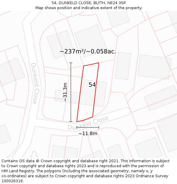 54, DUNKELD CLOSE, BLYTH, NE24 3SP: Plot and title map