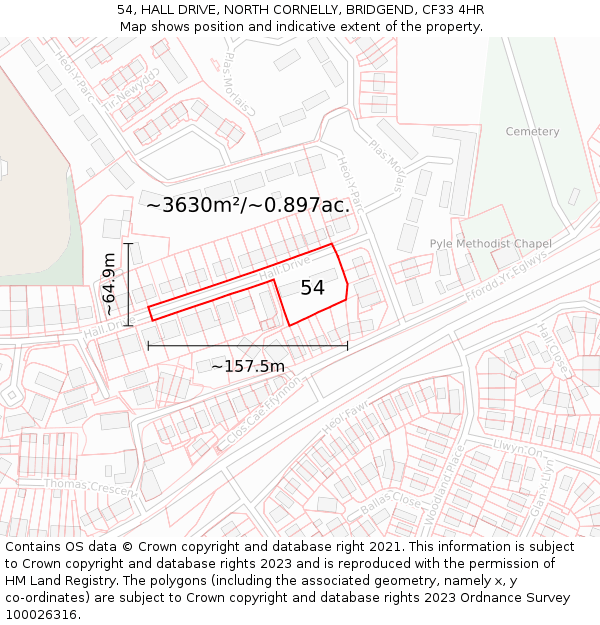 54, HALL DRIVE, NORTH CORNELLY, BRIDGEND, CF33 4HR: Plot and title map