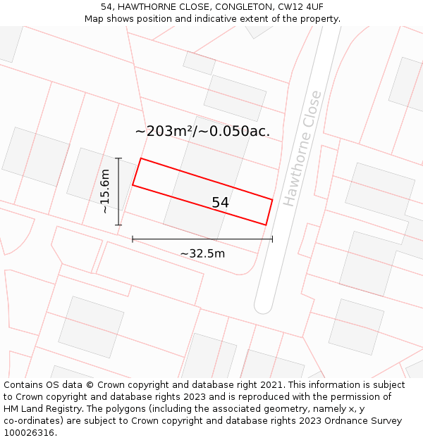 54, HAWTHORNE CLOSE, CONGLETON, CW12 4UF: Plot and title map