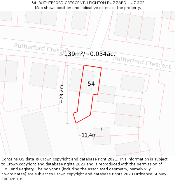 54, RUTHERFORD CRESCENT, LEIGHTON BUZZARD, LU7 3GF: Plot and title map