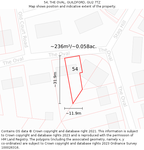 54, THE OVAL, GUILDFORD, GU2 7TZ: Plot and title map