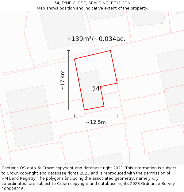54, TYNE CLOSE, SPALDING, PE11 3DN: Plot and title map