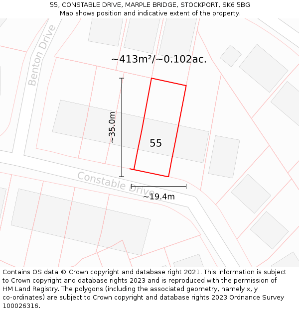 55, CONSTABLE DRIVE, MARPLE BRIDGE, STOCKPORT, SK6 5BG: Plot and title map