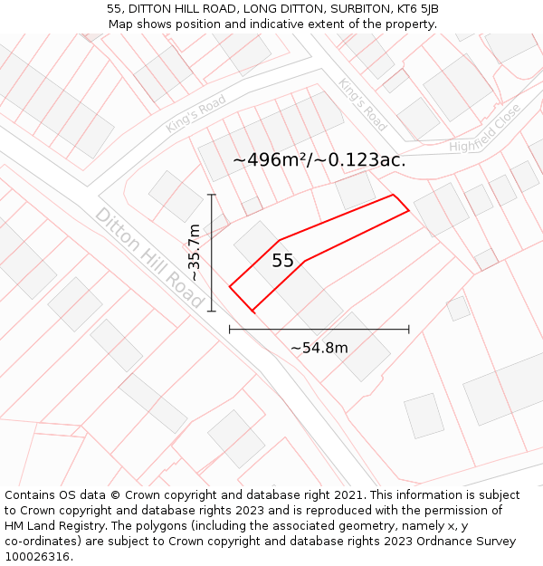 55, DITTON HILL ROAD, LONG DITTON, SURBITON, KT6 5JB: Plot and title map