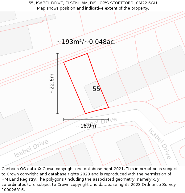 55, ISABEL DRIVE, ELSENHAM, BISHOP'S STORTFORD, CM22 6GU: Plot and title map