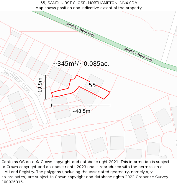55, SANDHURST CLOSE, NORTHAMPTON, NN4 0DA: Plot and title map