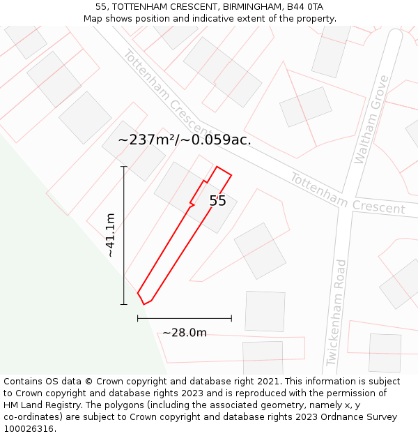 55, TOTTENHAM CRESCENT, BIRMINGHAM, B44 0TA: Plot and title map