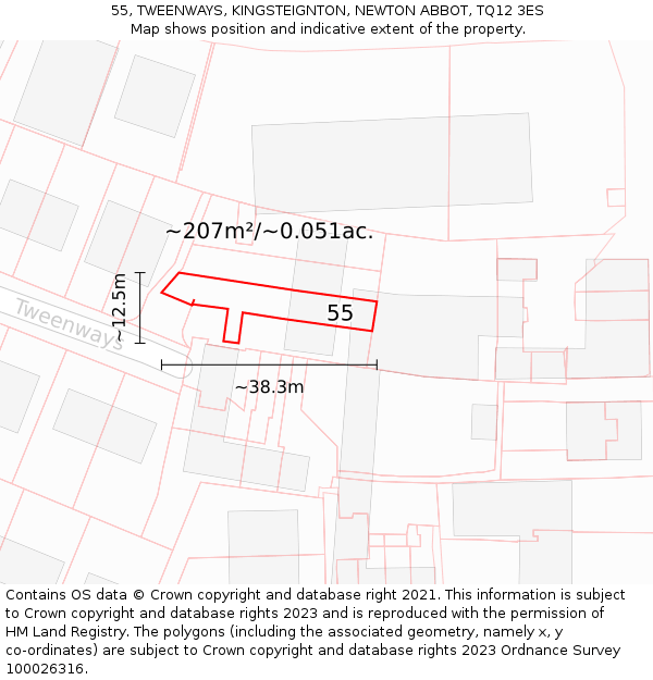 55, TWEENWAYS, KINGSTEIGNTON, NEWTON ABBOT, TQ12 3ES: Plot and title map