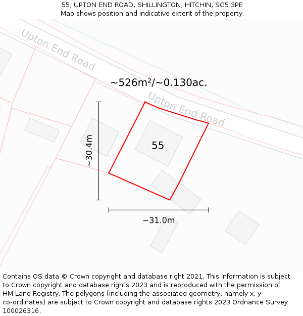 55, UPTON END ROAD, SHILLINGTON, HITCHIN, SG5 3PE: Plot and title map