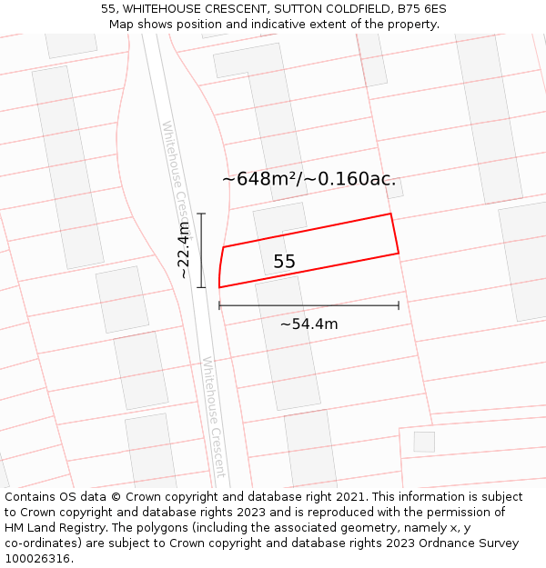 55, WHITEHOUSE CRESCENT, SUTTON COLDFIELD, B75 6ES: Plot and title map