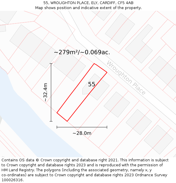 55, WROUGHTON PLACE, ELY, CARDIFF, CF5 4AB: Plot and title map