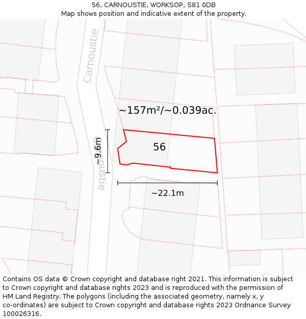 56, CARNOUSTIE, WORKSOP, S81 0DB: Plot and title map