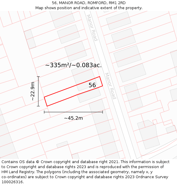 56, MANOR ROAD, ROMFORD, RM1 2RD: Plot and title map