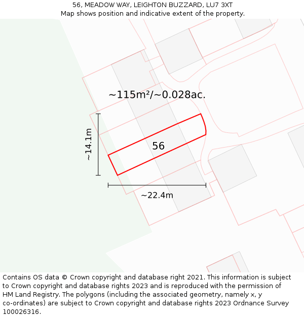 56, MEADOW WAY, LEIGHTON BUZZARD, LU7 3XT: Plot and title map