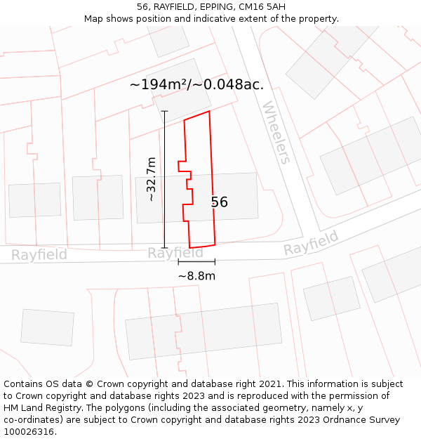 56, RAYFIELD, EPPING, CM16 5AH: Plot and title map
