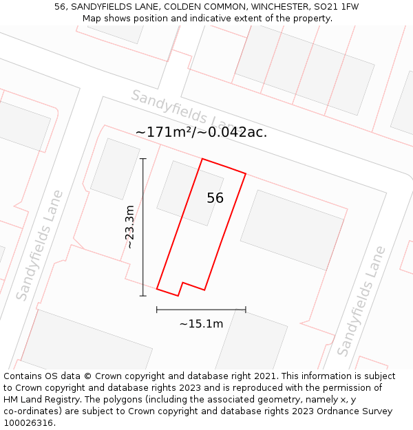 56, SANDYFIELDS LANE, COLDEN COMMON, WINCHESTER, SO21 1FW: Plot and title map