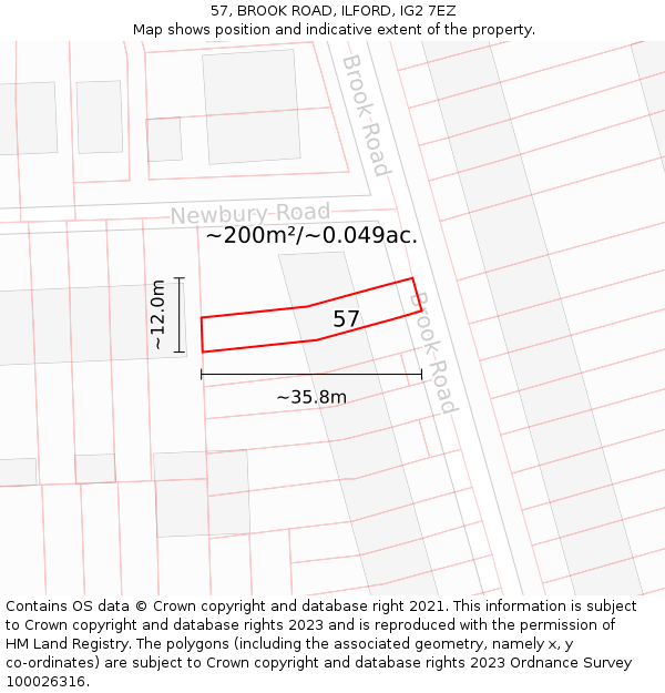 57, BROOK ROAD, ILFORD, IG2 7EZ: Plot and title map