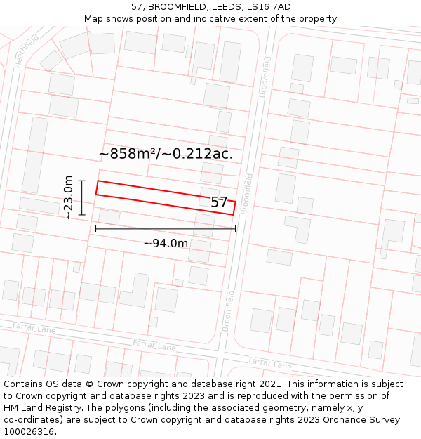 57, BROOMFIELD, LEEDS, LS16 7AD: Plot and title map