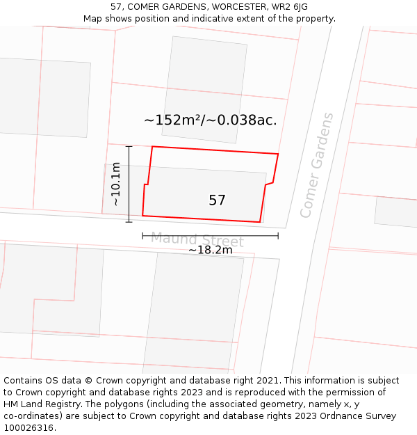 57, COMER GARDENS, WORCESTER, WR2 6JG: Plot and title map