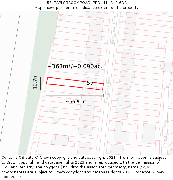57, EARLSBROOK ROAD, REDHILL, RH1 6DR: Plot and title map