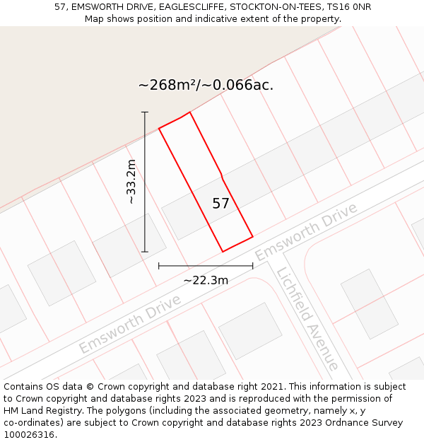 57, EMSWORTH DRIVE, EAGLESCLIFFE, STOCKTON-ON-TEES, TS16 0NR: Plot and title map