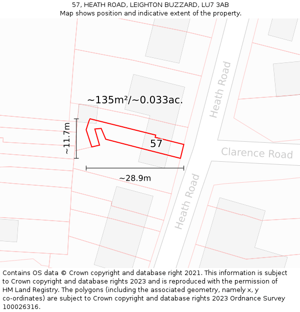 57, HEATH ROAD, LEIGHTON BUZZARD, LU7 3AB: Plot and title map
