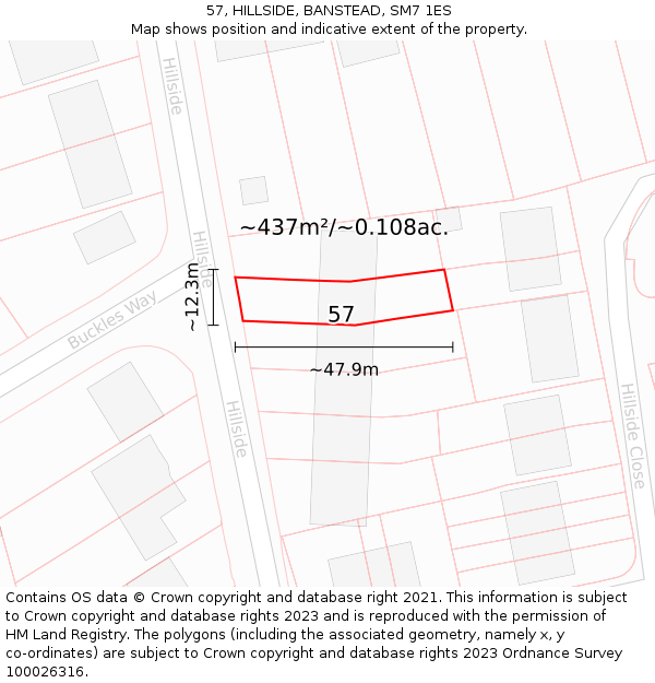 57, HILLSIDE, BANSTEAD, SM7 1ES: Plot and title map