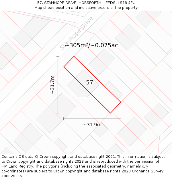 57, STANHOPE DRIVE, HORSFORTH, LEEDS, LS18 4EU: Plot and title map