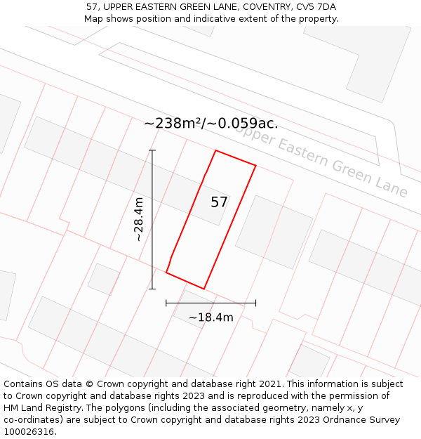 57, UPPER EASTERN GREEN LANE, COVENTRY, CV5 7DA: Plot and title map