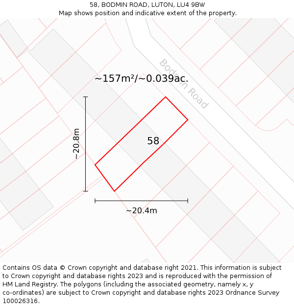 58, BODMIN ROAD, LUTON, LU4 9BW: Plot and title map