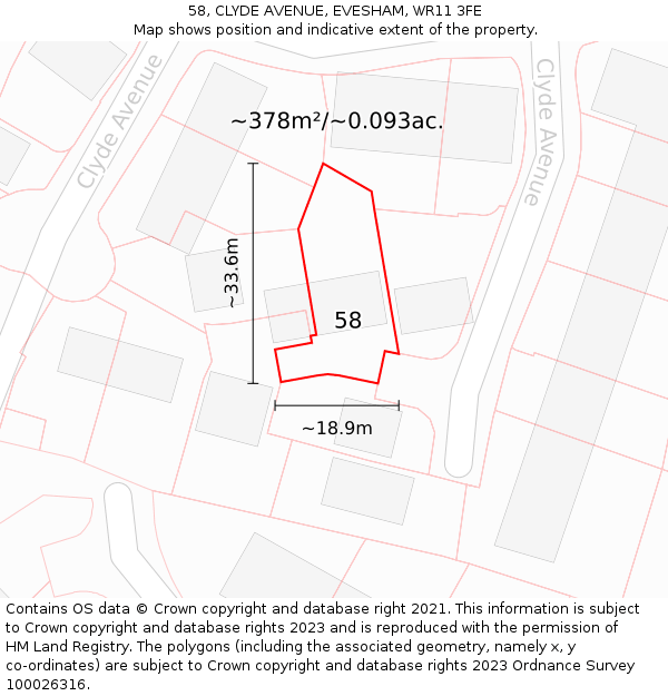 58, CLYDE AVENUE, EVESHAM, WR11 3FE: Plot and title map