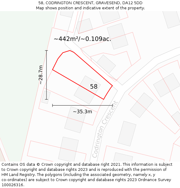 58, CODRINGTON CRESCENT, GRAVESEND, DA12 5DD: Plot and title map
