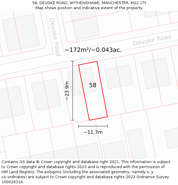 58, DEVOKE ROAD, WYTHENSHAWE, MANCHESTER, M22 1TY: Plot and title map